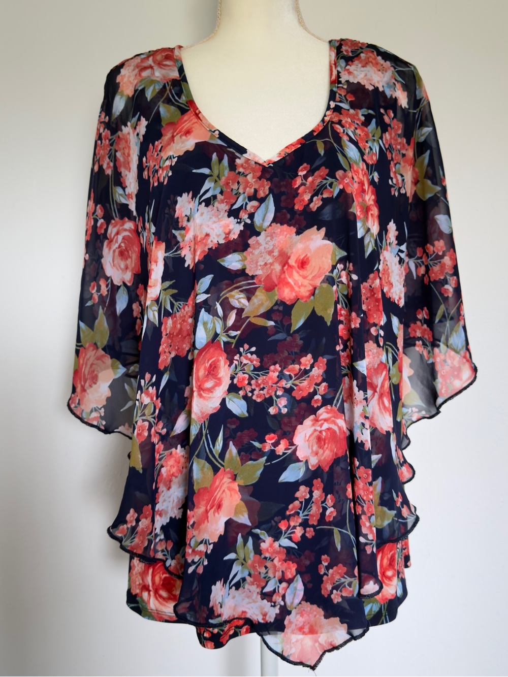 Floral V-Neck Chiffon Blouse - Navy with Coral Bloom